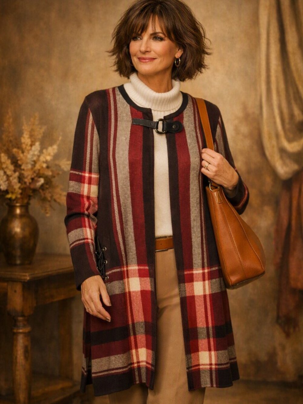 Jones Studio Red Black and Tan Plaid Longer Length Cardigan with Snap Buckle L